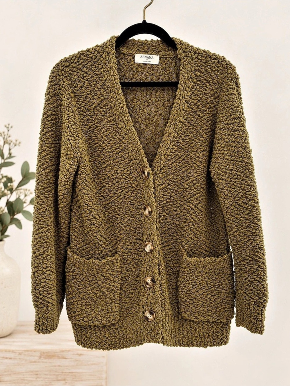 ZENANA Popcorn Knit Button-Front Cardigan with Pockets Green Small